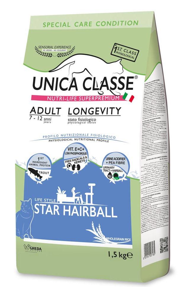 Сухой корм для взрослых и пожилых кошек с 7 лет Unica Classe Adult Longevity Star Hairball (Форель)